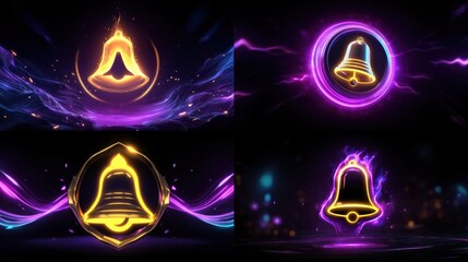 Animated bells glow with vibrant purple, teal, and yellow energy on dark cosmic backgrounds