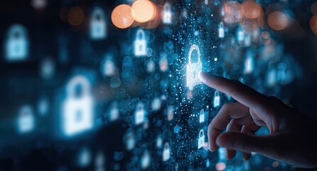 Hand interacts with digital padlock icons