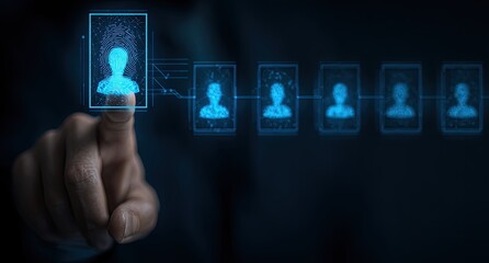 Hand touching digital profile, connected to a chain of profiles