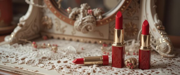  Step Back in Time with Vintage Rouge A Nostalgic Red Lipstick Composition Antique Charm, Lace Details, and Timeless Allure for