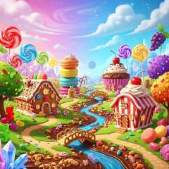Naklejka premium Sweet Candy Land Dreamy Landscape.