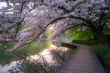 Serene wooden boardwalk winding through a park under a canopy of blooming cherry blossom trees
