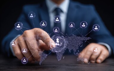 Businessman interacts with a holographic network of people and world map