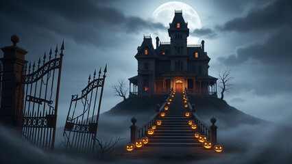 Spooky haunted Halloween mansion on a hill with a moon and jack-o-lanterns