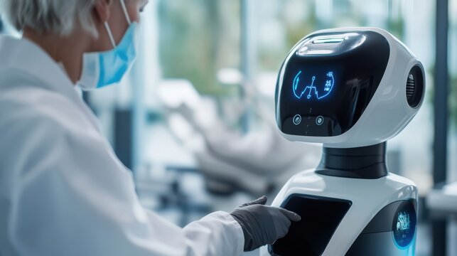 Close-up of an elderly person interacting with a robotic assistant on blurred background