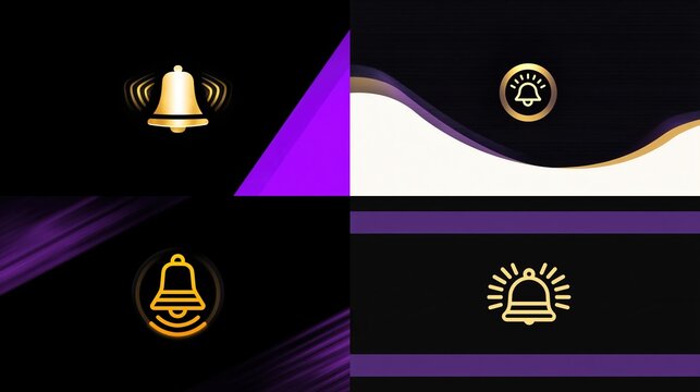 Four panels showing a ringing bell icon in gold on black and purple backgrounds