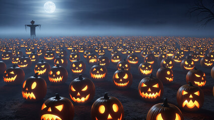 Halloween pumpkin field at night with a full moon and a scarecrow