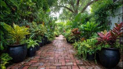 Lush garden path lined with potted plants