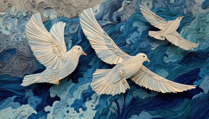 Three white doves soaring above a blue water background