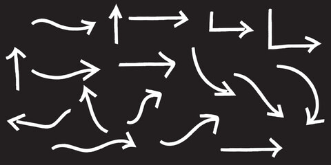 Hand-drawn thin line arrows set. Arrow icon. Doodle arrow. Collection of different arrow signs. Many vector curvy and wavy arrows. White hand-drawn doodle arrow set.
