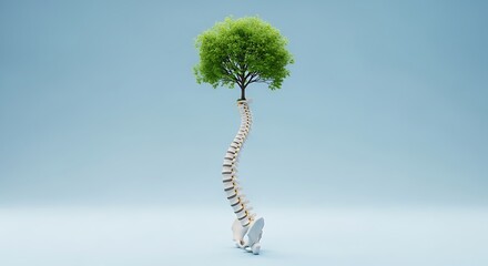 A healthy spine with a vibrant green tree growing from it, symbolizing growth and wellbeing on a light blue background