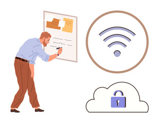 Man writing on a board with notes, alongside a wireless signal icon and cloud with lock. Ideal for brainstorming, technology, communication, security, internet, innovation, simple flat metaphor