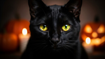 Close-up of a black cat with yellow eyes and Halloween pumpkins