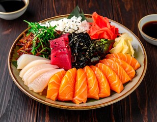Colorful platter of assorted sushi and rice
