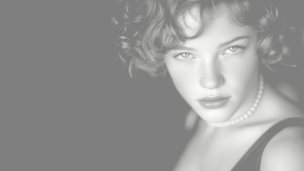 カーリーヘアとそばかすが特徴的な若い女性の白黒ポートレート