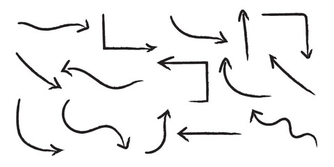 Hand-drawn thin line arrows set. Arrow icon. Doodle arrow. Collection of different arrow signs. Many vector curvy and wavy arrows. White hand-drawn doodle arrow set.