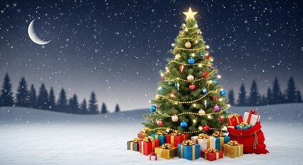 A beautifully decorated christmas tree stands in a snowy landscape under a starry night sky, surrounded by gifts and a red santa sack