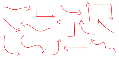 Bold brush drawn arrows. Set of Hand drawn vector arrows doodle on white background. Hand drawn black grunge bent arrow pointing upwards, bold brush stroke. Red hand drawn brush arrow icon vector set.