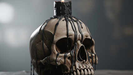 Spooky human skull with a melted black candle on top