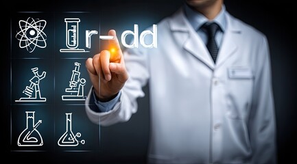 Scientist in lab coat interacts with glowing text on a dark background with scientific icons