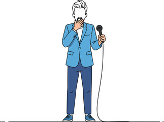 Cartoon character holding microphone with surprised gesture, blue blazer and sneakers, public speaking or performance concept, vector illustration