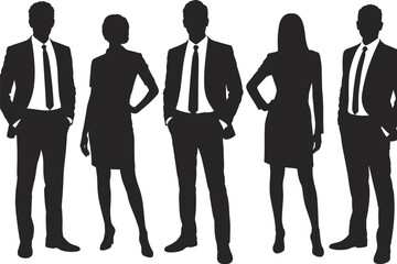 Set of 5 business professionals in formal attire, male and female silhouettes in confident standing poses, black and white vector illustration