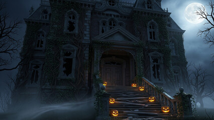 Scary haunted mansion with jack-o-lanterns and a full moon at night