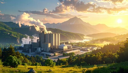 Fototapeta premium A large industrial plant sits nestled in a valley, surrounded by lush greenery and majestic mountains, bathed in warm golden light as the sun sets.