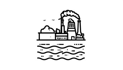 Obraz premium A simple black and white line drawing of a factory complex situated on the edge of a body of water. Smoke billows from factory chimneys