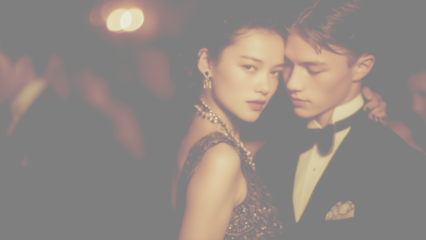 豪華なパーティーで親密に寄り添うエレガントな若いカップル