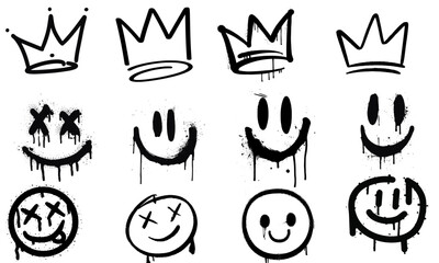 Graffiti Crown and Smiley Face Icons &ndash; Street Art Drip Style Vector Collection
