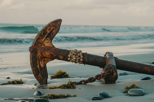 Rusty old anchor rests on a sandy beach with gentle ocean waves in the background