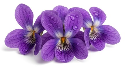 Obraz premium Vibrant Purple Violet Flowers with Sparkling Water Droplets on Delicate Petals, Isolated on a Pure White Background