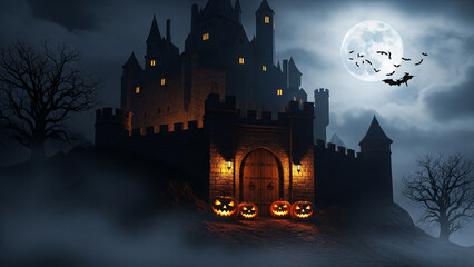 Halloween haunted castle with a full moon, bats, and glowing jack-o-lanterns