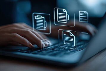 Close-up of hands typing on a laptop with document icons overlay