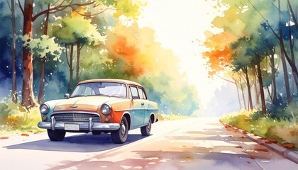 Vintage Classic Car Watercolor Illustration on Forest Road