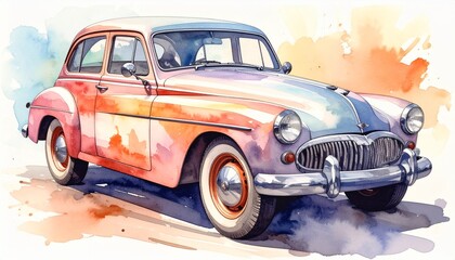 Retro Vintage Car Watercolor Illustration Classic Automobile Artwork