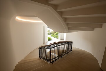 Elegant curved staircase with black wrought iron railing leading to natural light and greenery
