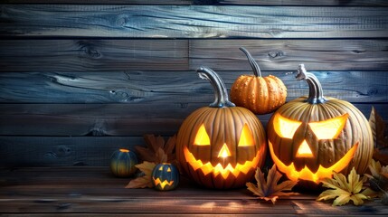 Obraz premium Halloween Pumpkins Carved Jack O Lanterns with Glowing Faces on Wooden Background