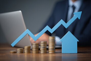 Businessperson working at laptop with rising graph, coins and house, representing growth