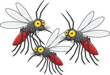 Cartoon Mosquitoes Flying with Big Eyes and Red Bodies Isolated on White Background – Funny Vector Insect Illustration