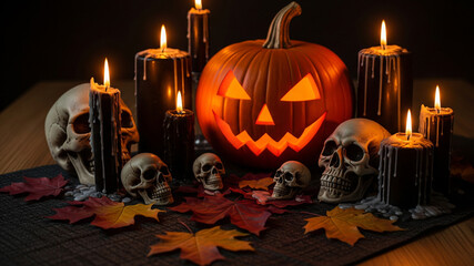 Dark Halloween Still Life with Glowing Jack-o'-Lantern, Skulls, and Melting Candles
