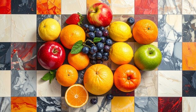 Vibrant, fresh, and healthy fruits like apples, oranges, lemons, and berries, arranged on a striking colorful mosaic background, promoting natural goodness and well-being