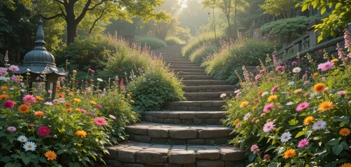  Charming Stone Stairs Winding Through a Green Garden Paradise Filled with Colorful Blossoms