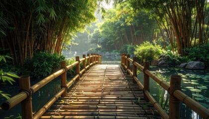 A serene bamboo bridge spans a tranquil pond in a lush garden, bathed in morning sunlight.