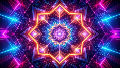 Abstract futuristic background featuring a glowing neon kaleidoscope of symmetrical geometric patterns and shapes creating a vibrant visual tunnel
