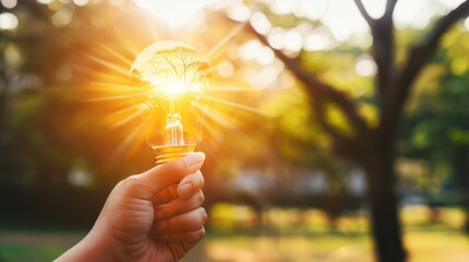 Hand Holding a Light Bulb with Tree Inside Glowing Sunlight in Natural Park