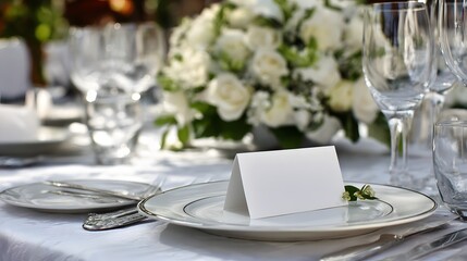 Fototapeta premium Wedding table setup with blank horizontal card on the table