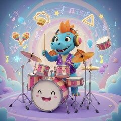 A cute dragon rocks out on a drum set surrounded by musical notes and instruments