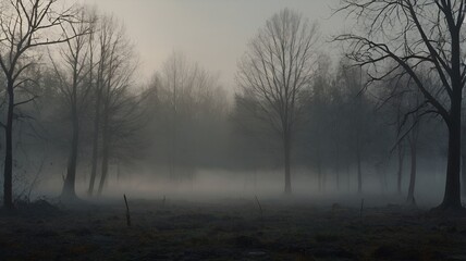 Obraz premium Eerie fog blankets a silent forest landscape creating a mysterious and atmospheric scene for creative projects